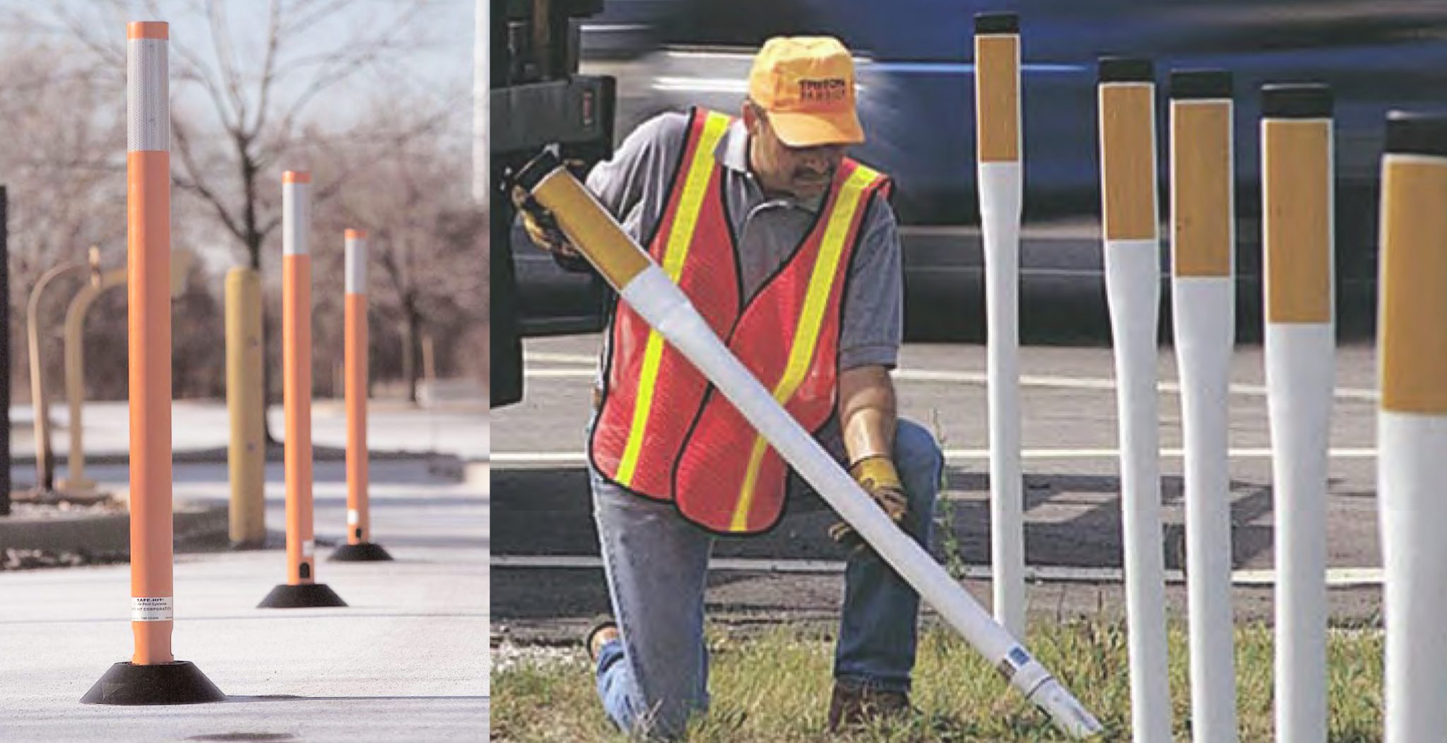 worker installing delineator posts