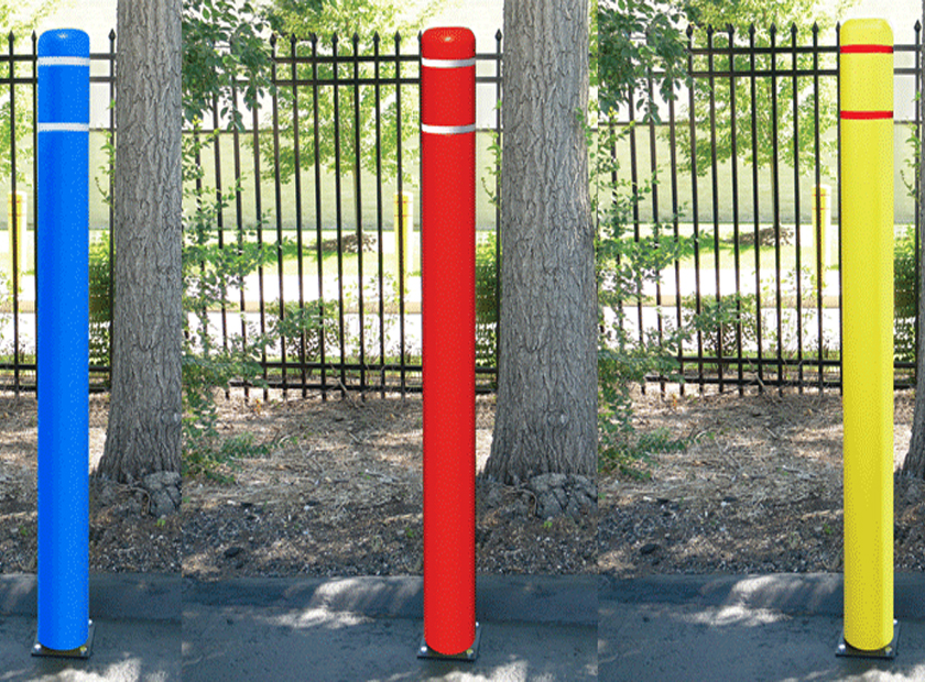 plastic bollard covers installed in parking lot 